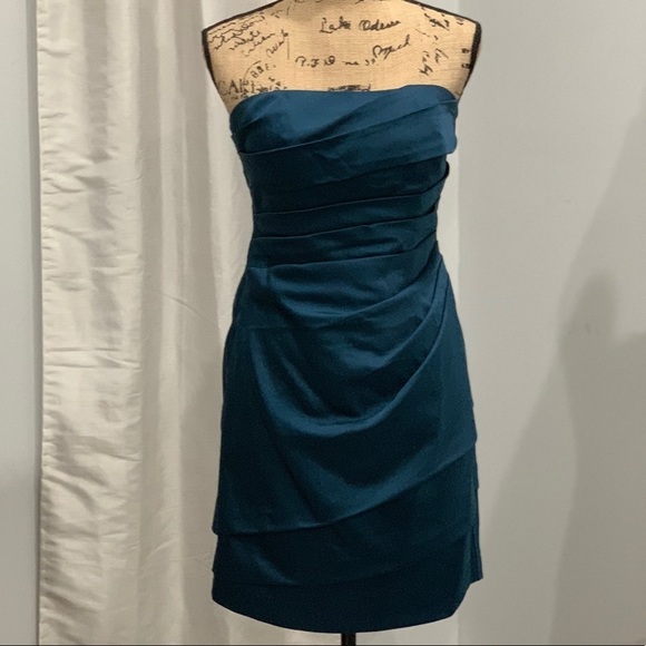 David's Bridal Dresses & Skirts - David’s Bridal satin blue shirt dress 6 F14212 strapless sleeveless knee length